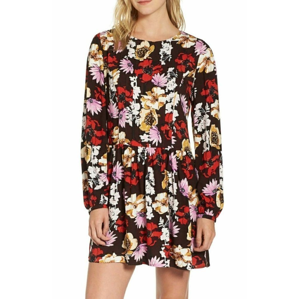 Hinge Women's Pintuck Floral Burgundy Fudge Wild Bouquet Mini Dress Size S - Picture 3 of 16
